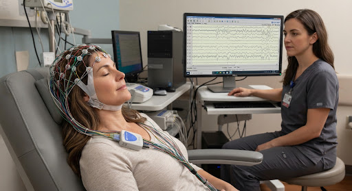 Neurologist performing an EEG test