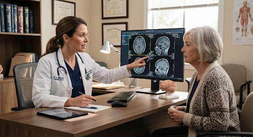 Neurologist reviewing a brain scan